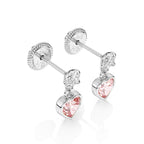 Pendientes colgantes de corazón atrevido con circonitas rosadas y transparentes - Oro blanco macizo de 14 quilates, cierre de rosca, para bebés y niños