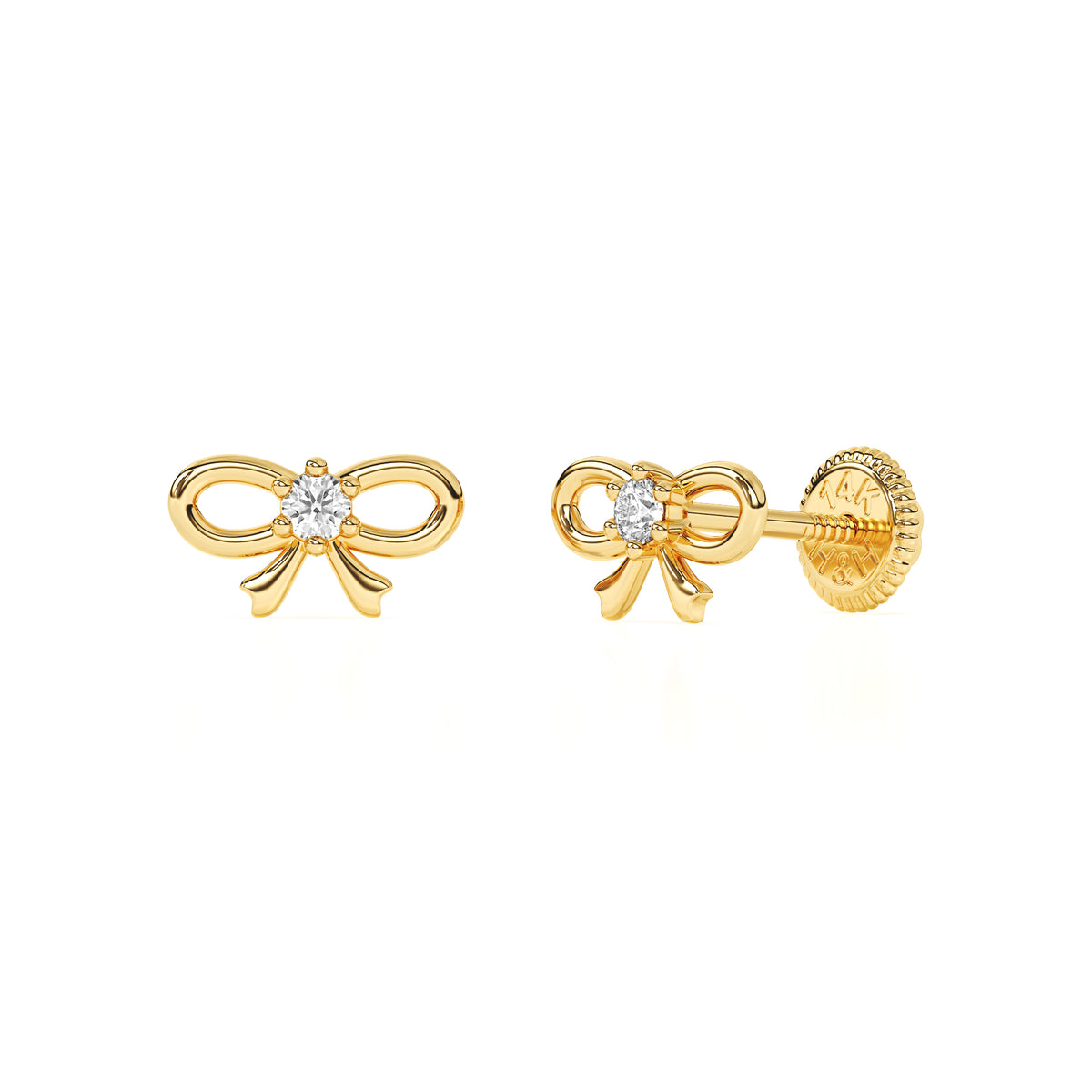 Front view of Darling Bow clear CZ stud earrings in solid 14K yellow gold with screw-back posts.