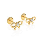 Front top-down view of Darling Bow clear CZ stud earrings in solid 14K yellow gold with screw-back posts.