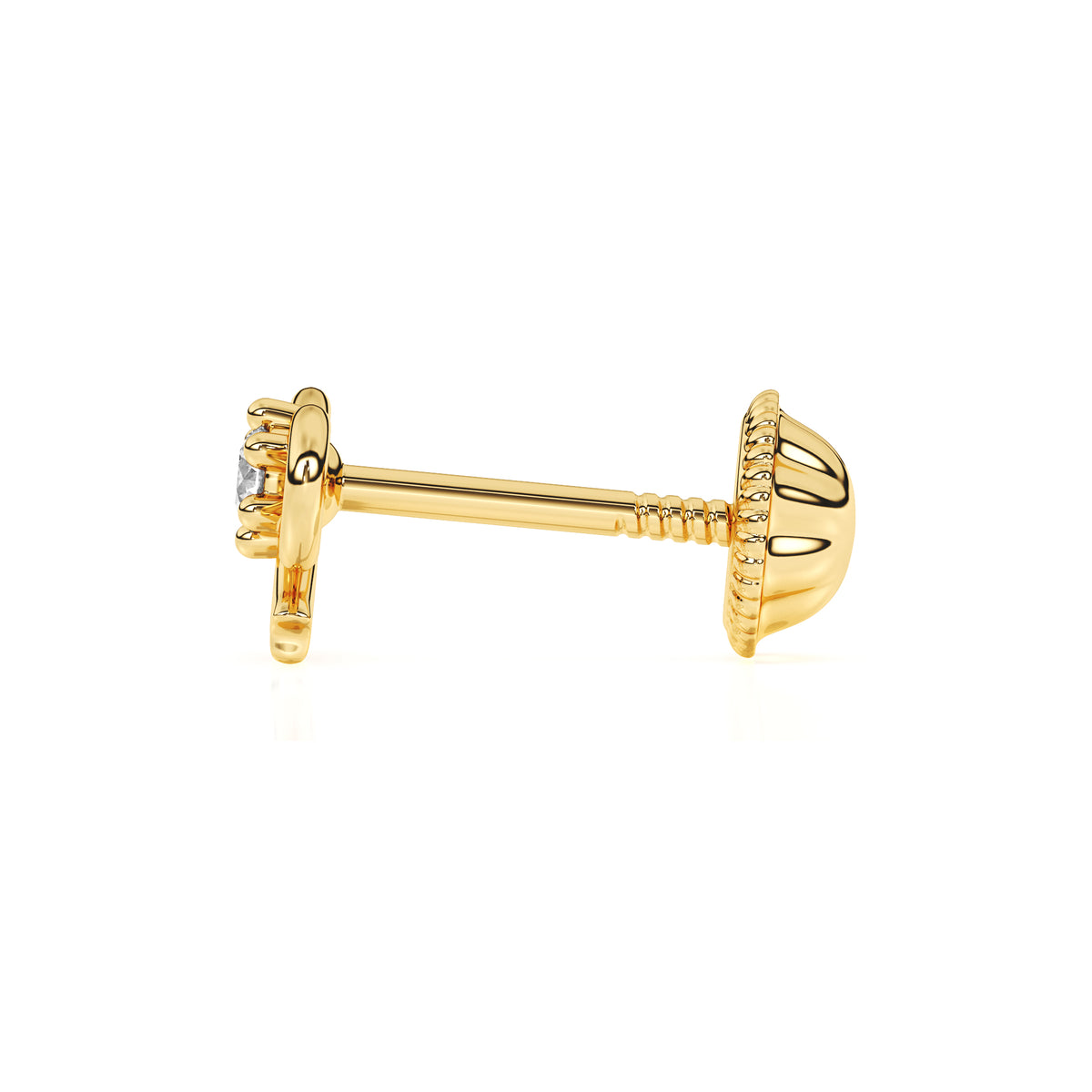 Side view of Darling Bow clear CZ stud earrings in solid 14K yellow gold with screw-back posts.