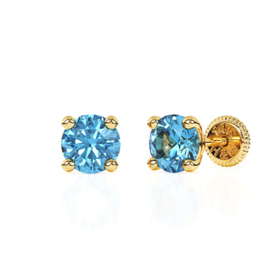 Swarovski December birthstone stud earrings in yellow gold with screwback post.