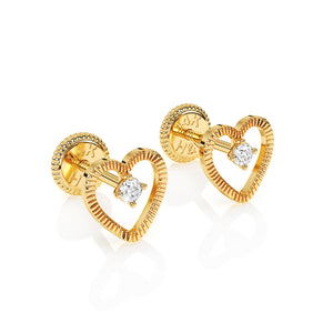 Front top-down view of Divine Love diamond cut heart with clear CZ stud earrings in solid 14K yellow gold with screw-back posts.