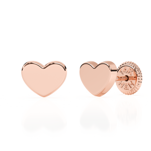 Elegant Heart, Stud Earrings - Solid 14K Rose Gold, Screw Back, for Babies & Children