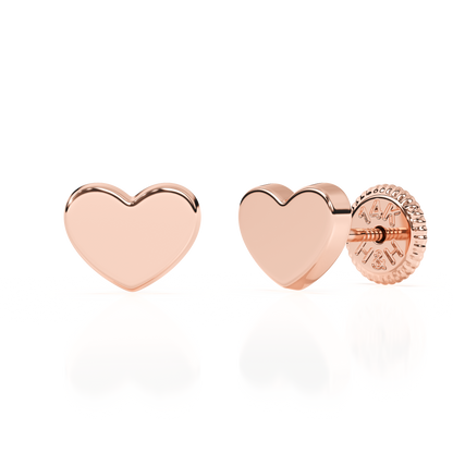 Elegant Heart, Stud Earrings - Solid 14K Rose Gold, Screw Back, for Babies & Children