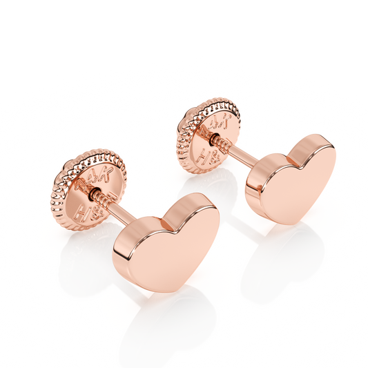 Elegant Heart, Stud Earrings - Solid 14K Rose Gold, Screw Back, for Babies & Children