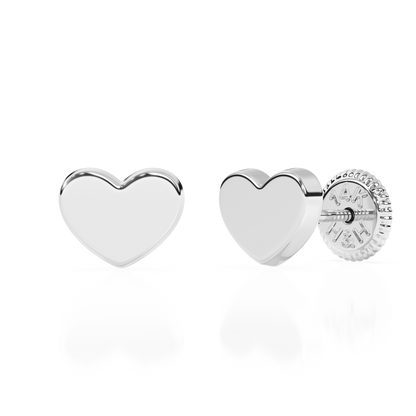 Elegant Heart, Stud Earrings - Solid 14K White Gold, Screw Back, for Babies & Children