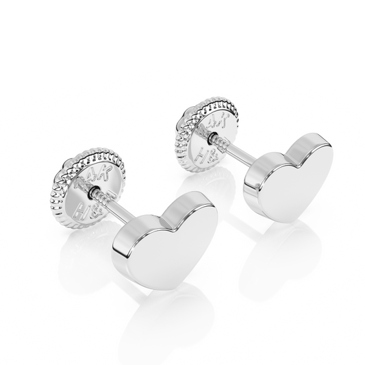 Elegant Heart, Stud Earrings - Solid 14K White Gold, Screw Back, for Babies & Children