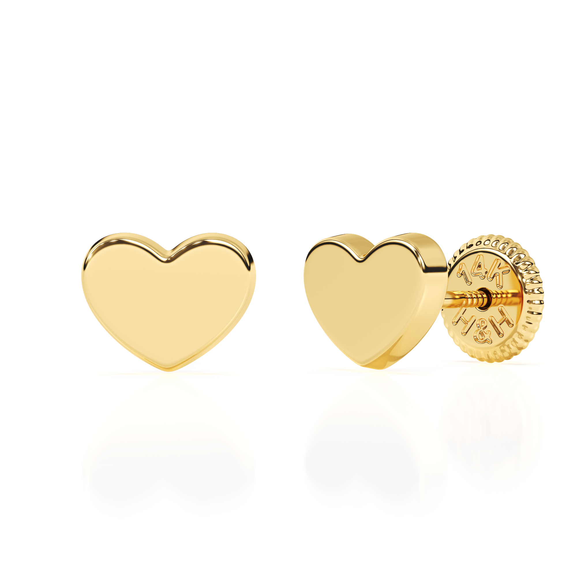 Elegant Heart, Stud Earrings - Solid 14K Gold, Screw Back, for Babies & Children