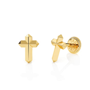Front view of Elegant Cross stud earrings in solid 14K yellow gold with screw-back posts.