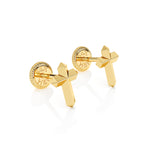 Front top-down view of Elegant Cross stud earrings in solid 14K yellow gold with screw-back posts.