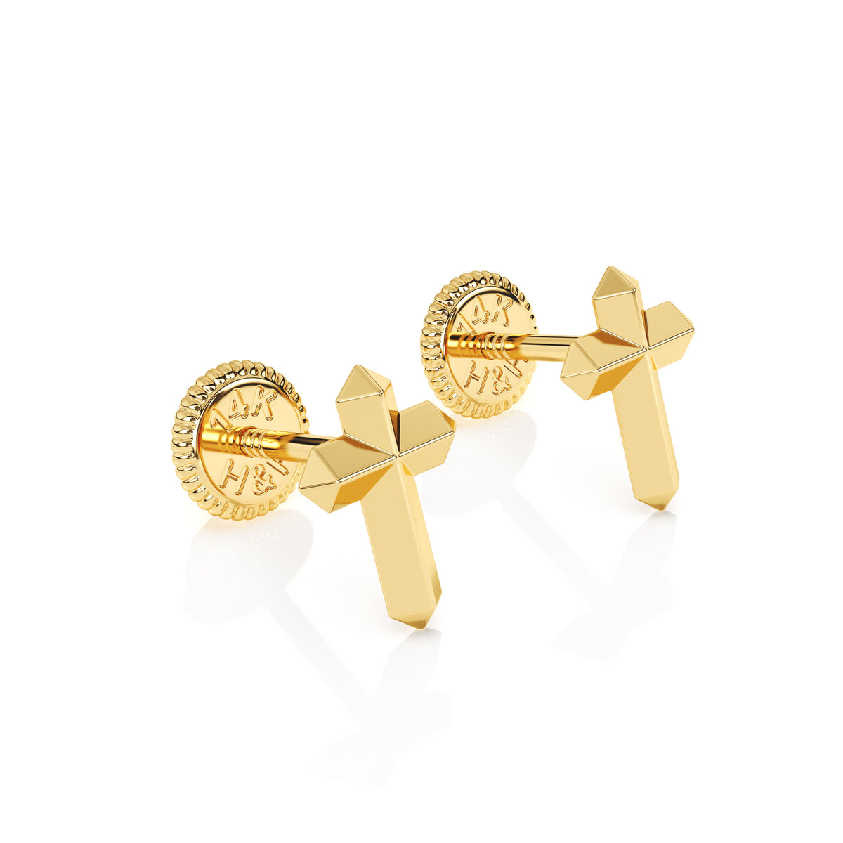 Front top-down view of Elegant Cross stud earrings in solid 14K yellow gold with screw-back posts.