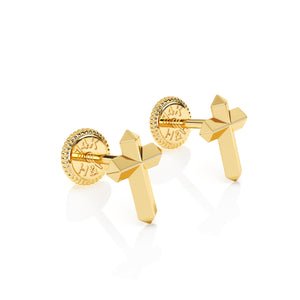 Front top-down view of Elegant Cross stud earrings in solid 14K yellow gold with screw-back posts.