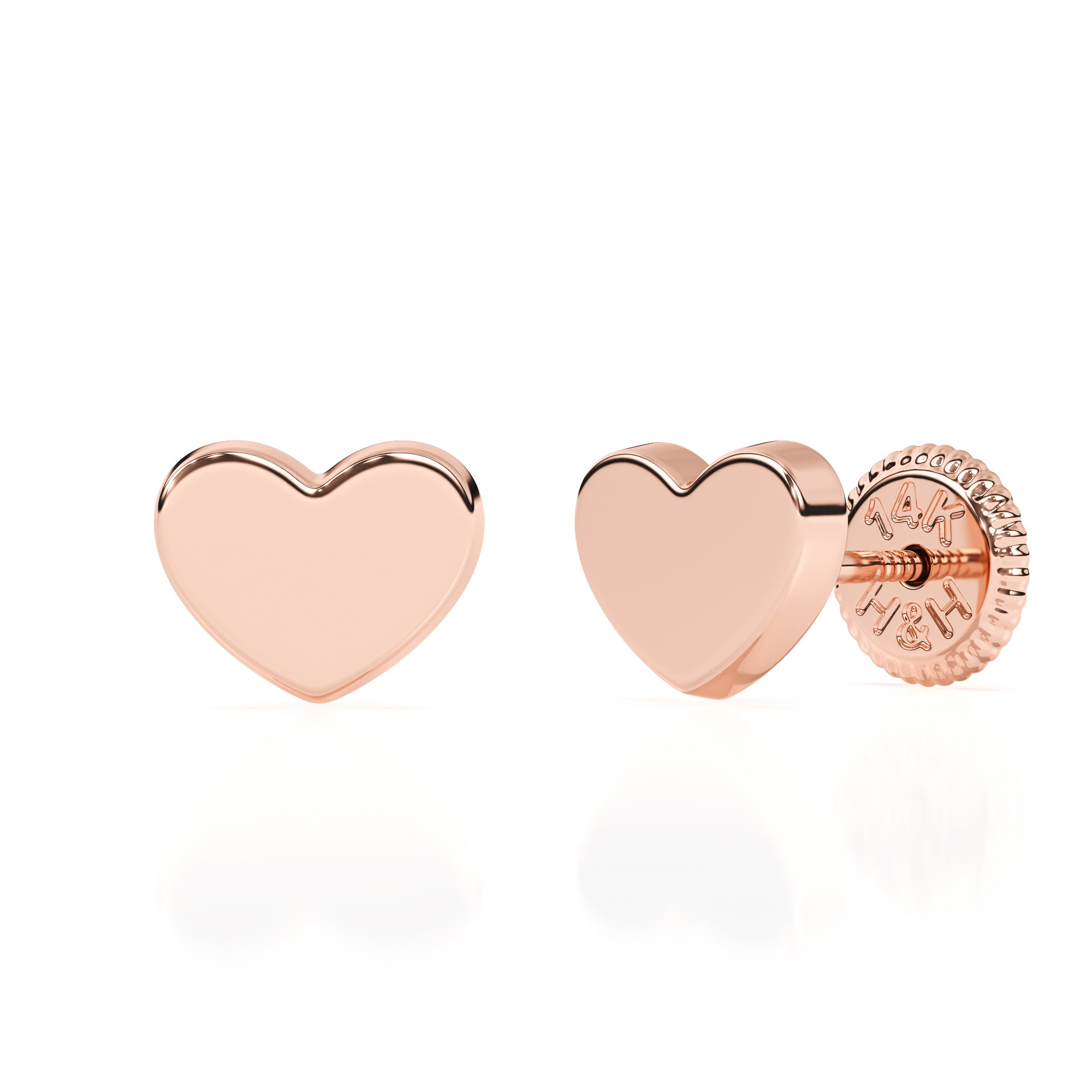 Heart shaped rose gold stud earrings with screwback post.