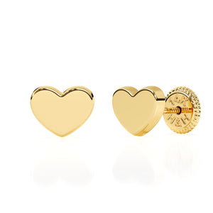 Pendientes de botón con forma de corazón elegantes, oro macizo de 14 quilates, con cierre de rosca, para bebés y niños.