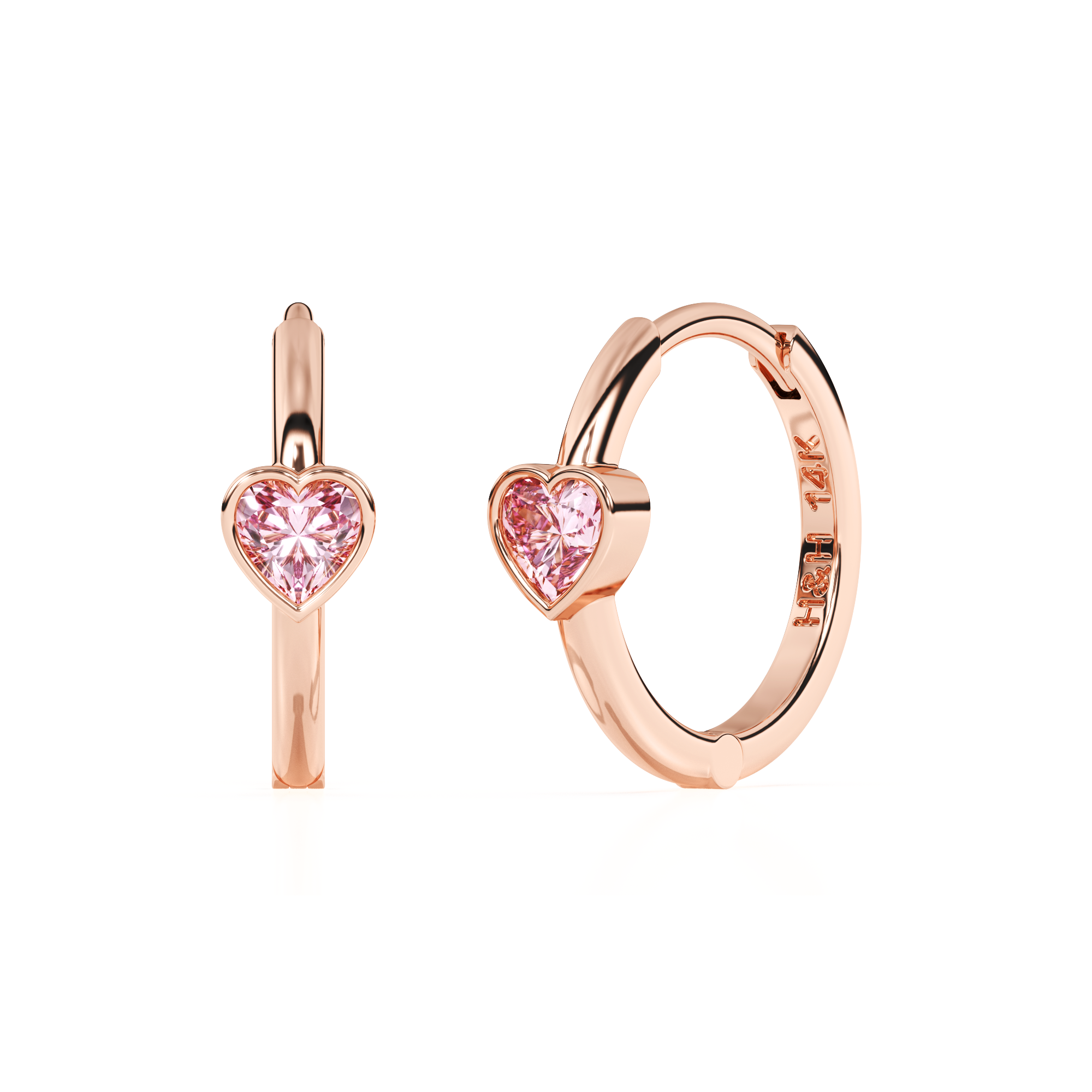 Endless Love, Pink Heart CZ, Huggie Hoop Earrings - Solid 14K Rose Gold, Huggie Hoop, for Babies & Children