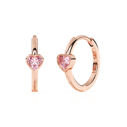 Endless Love, Pink Heart CZ, Huggie Hoop Earrings - Solid 14K Rose Gold, Huggie Hoop, for Babies & Children