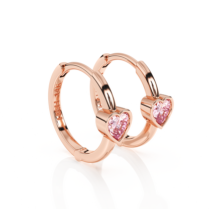 Endless Love, Pink Heart CZ, Huggie Hoop Earrings - Solid 14K Rose Gold, Huggie Hoop, for Babies & Children