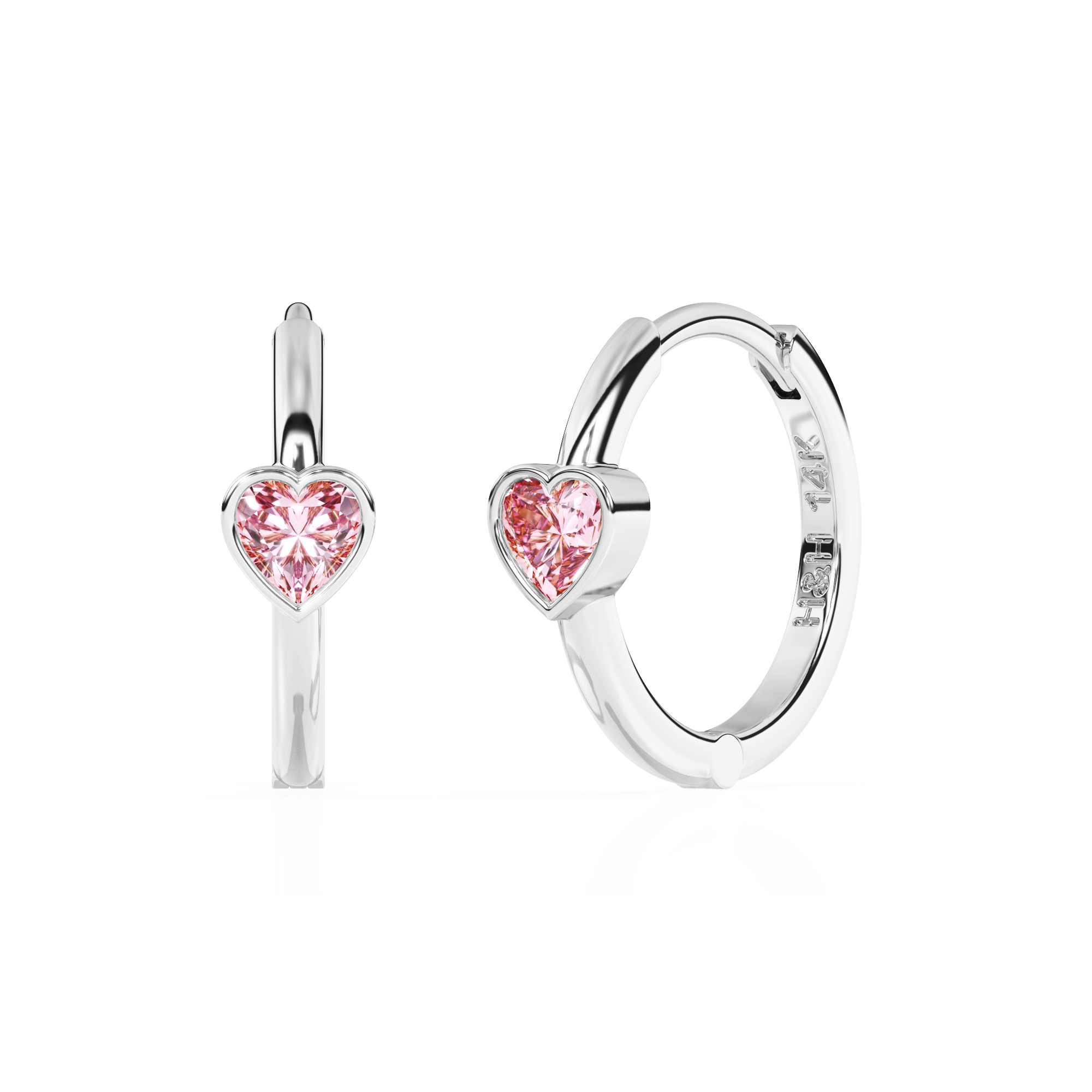 Endless Love, Pink Heart CZ, Huggie Hoop Earrings - Solid 14K White Gold, Huggie Hoop, for Babies & Children