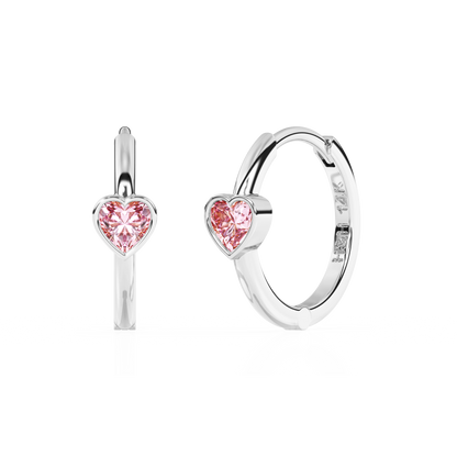 Endless Love, Pink Heart CZ, Huggie Hoop Earrings - Solid 14K White Gold, Huggie Hoop, for Babies & Children