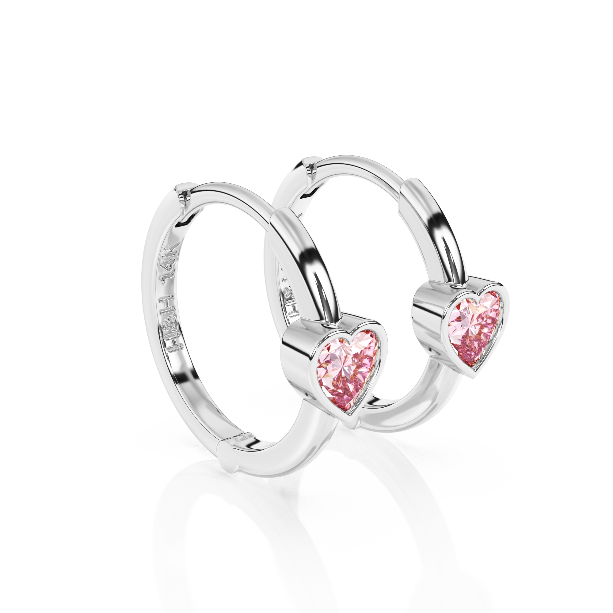 Endless Love, Pink Heart CZ, Huggie Hoop Earrings - Solid 14K White Gold, Huggie Hoop, for Babies & Children