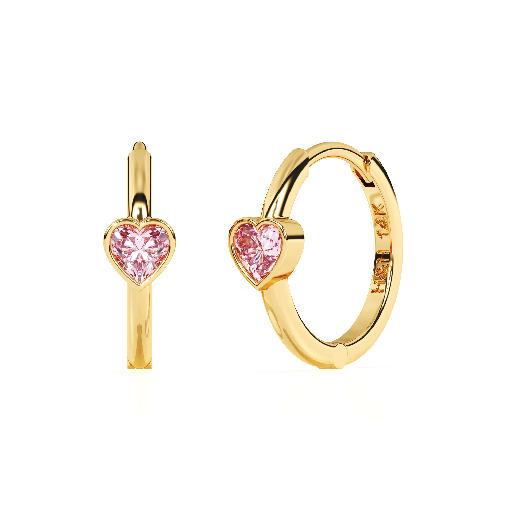 Endless Love, Pink Heart CZ, Huggie Hoop Earrings - Solid 14K Gold, Huggie Hoop, for Babies & Children