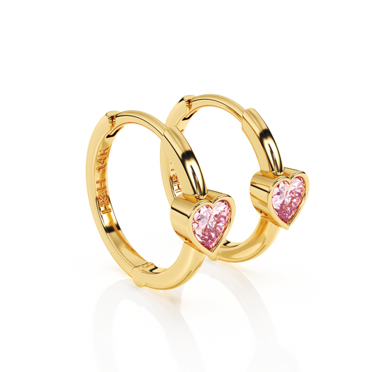 Endless Love, Pink Heart CZ, Huggie Hoop Earrings - Solid 14K Gold, Huggie Hoop, for Babies & Children