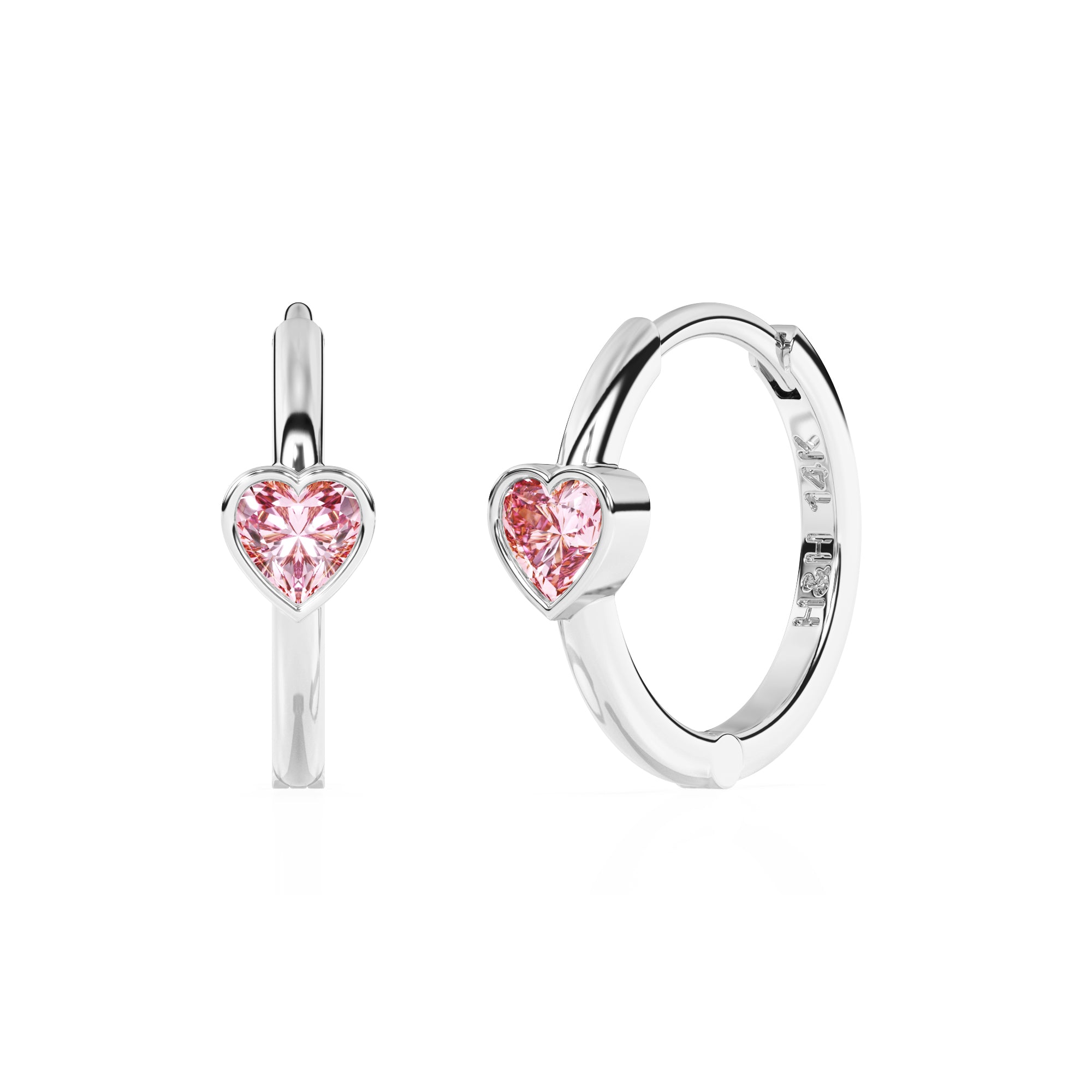 Pendientes de aro con circonitas cúbicas en forma de corazón rosa "Amor infinito" - Oro blanco macizo de 14 quilates, para bebés y niños