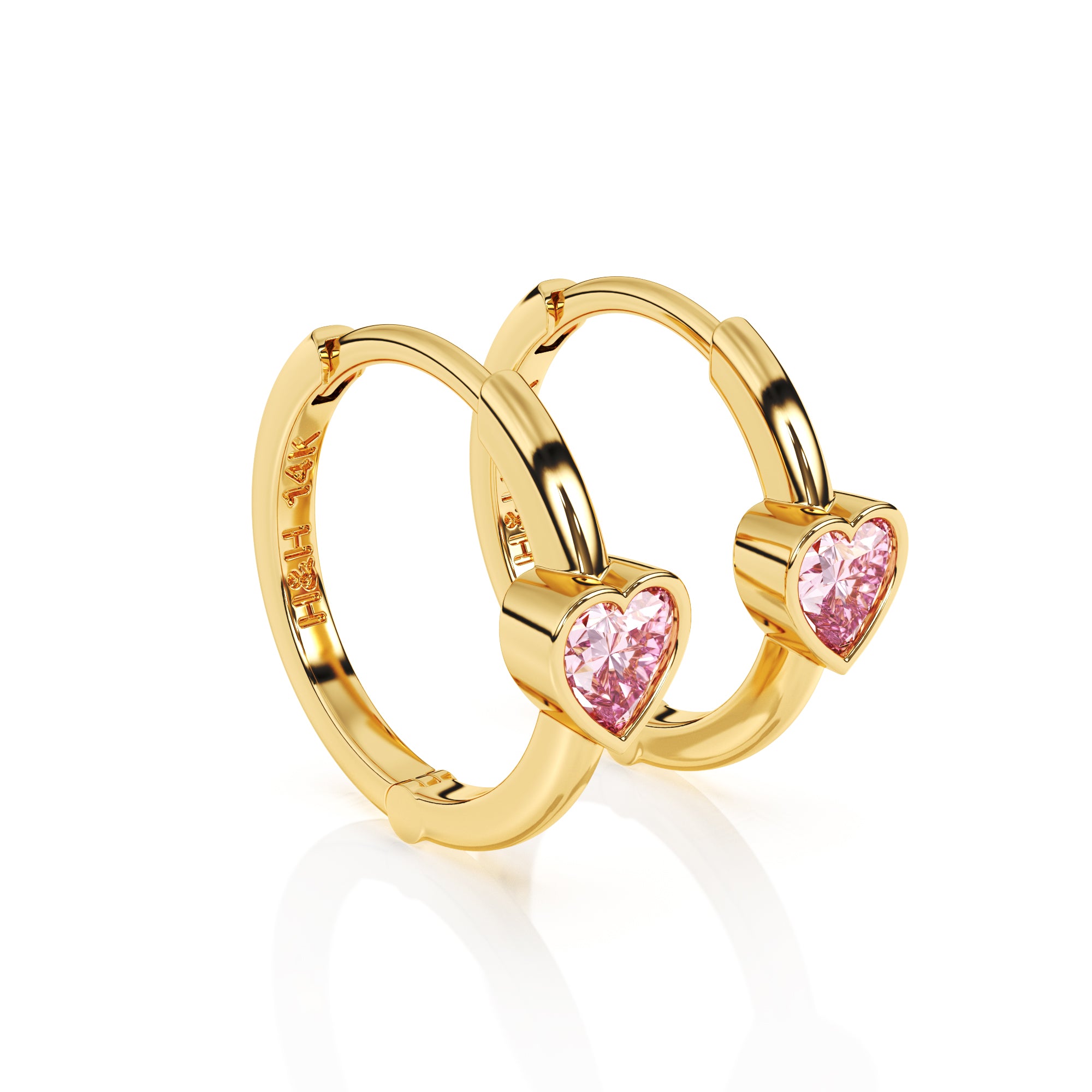 Pendientes de aro con circonitas cúbicas y corazón rosa "Amor infinito" - Oro macizo de 14 quilates, para bebés y niños