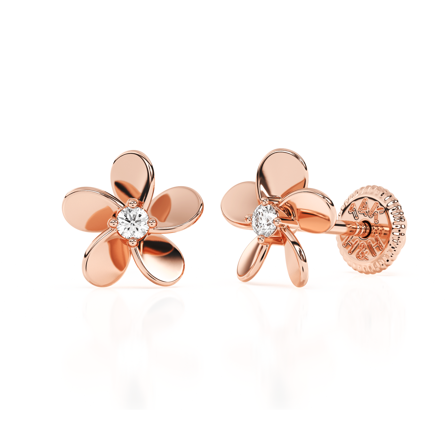 Eternal Blossom, Clear CZ Stud Earrings - Solid 14K Rose Gold, Screw Back, for Babies & Children