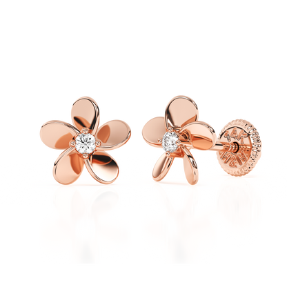 Eternal Blossom, Clear CZ Stud Earrings - Solid 14K Rose Gold, Screw Back, for Babies & Children
