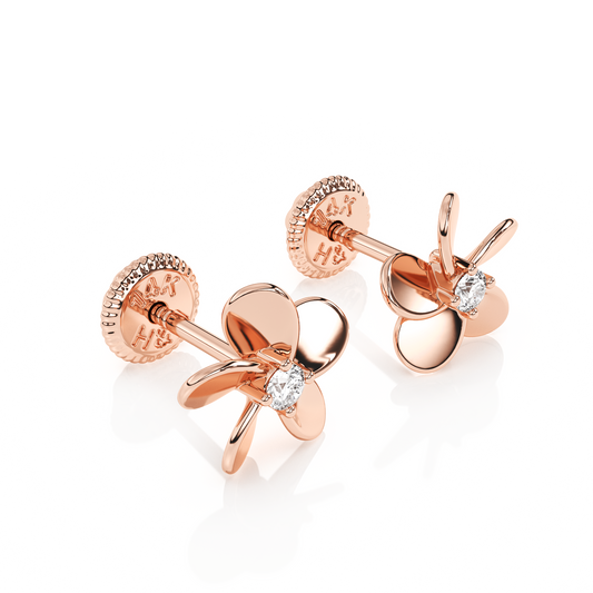 Eternal Blossom, Clear CZ Stud Earrings - Solid 14K Rose Gold, Screw Back, for Babies & Children