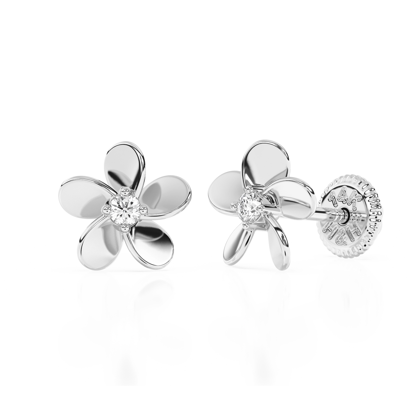 Eternal Blossom, Clear CZ Stud Earrings - Solid 14K White Gold, Screw Back, for Babies & Children