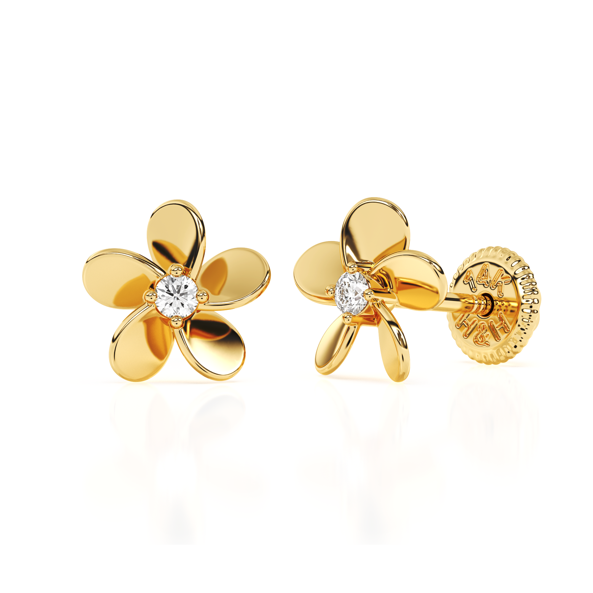 Eternal Blossom, Clear CZ Stud Earrings - Solid 14K Gold, Screw Back, for Babies & Children