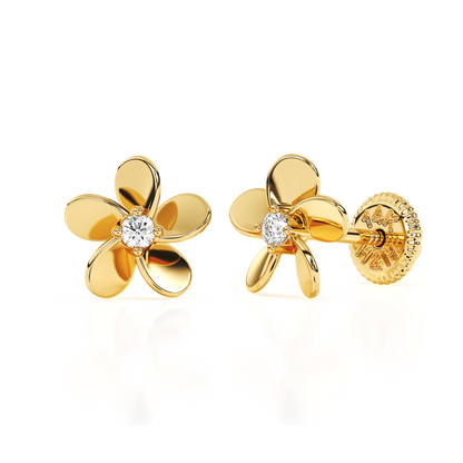 Eternal Blossom, Clear CZ Stud Earrings - Solid 14K Gold, Screw Back, for Babies & Children