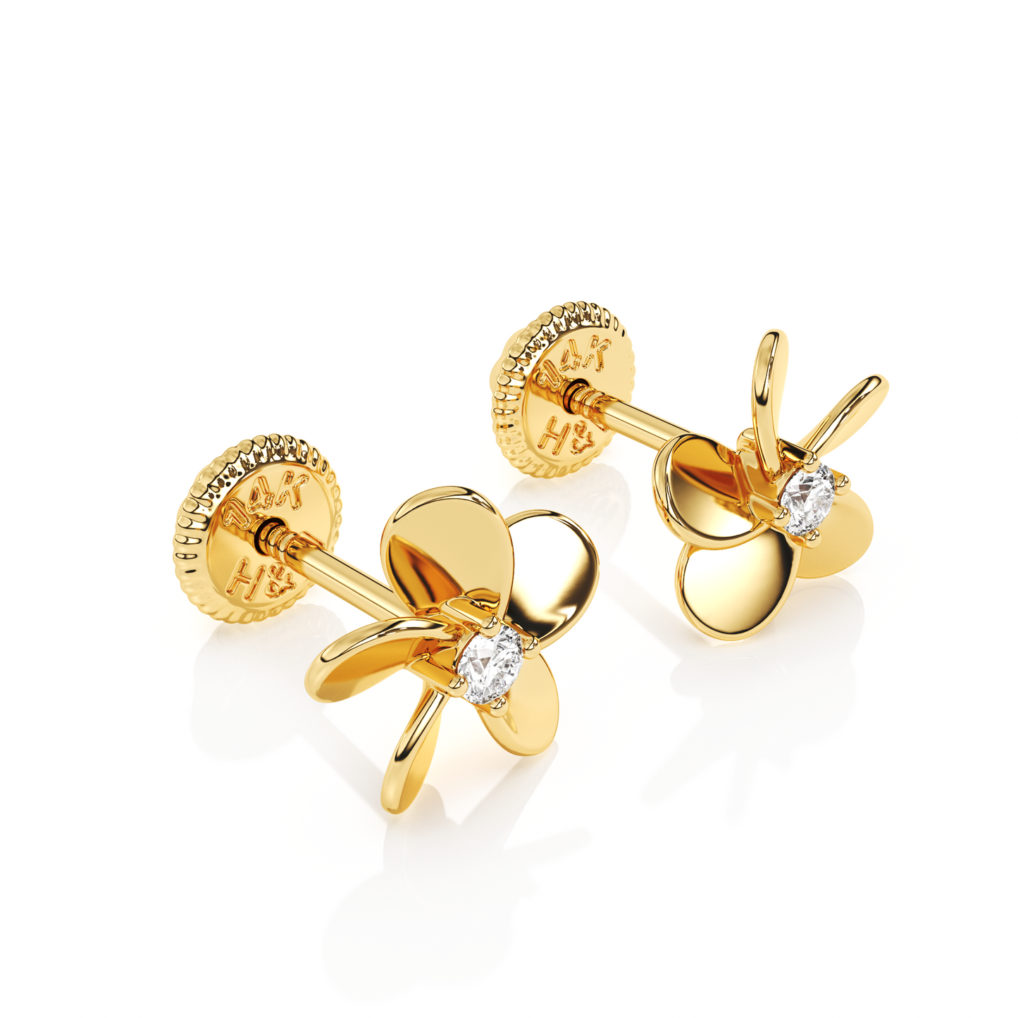 Eternal Blossom, Clear CZ Stud Earrings - Solid 14K Gold, Screw Back, for Babies & Children