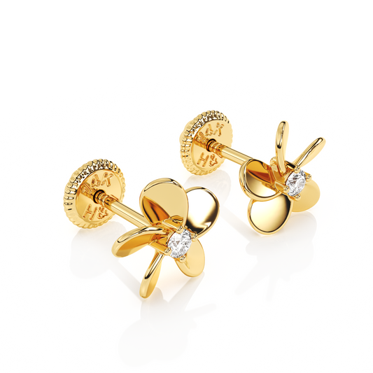 Eternal Blossom, Clear CZ Stud Earrings - Solid 14K Gold, Screw Back, for Babies & Children