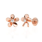 Rose gold stud earring with screwback post and flower shape with clear CZ stone in the center of the flower.
