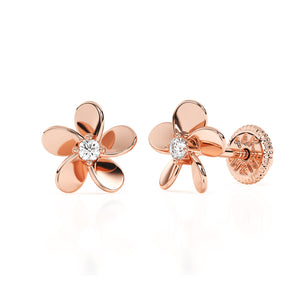 Rose gold stud earring with screwback post and flower shape with clear CZ stone in the center of the flower.