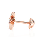 Rose gold stud earring with screwback post and flower shape with clear CZ stone in the center of the flower.