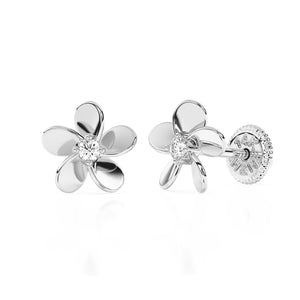 Pendientes de botón con circonitas cúbicas transparentes "Flor Eterna" - Oro blanco macizo de 14 quilates, cierre de rosca, para bebés y niños