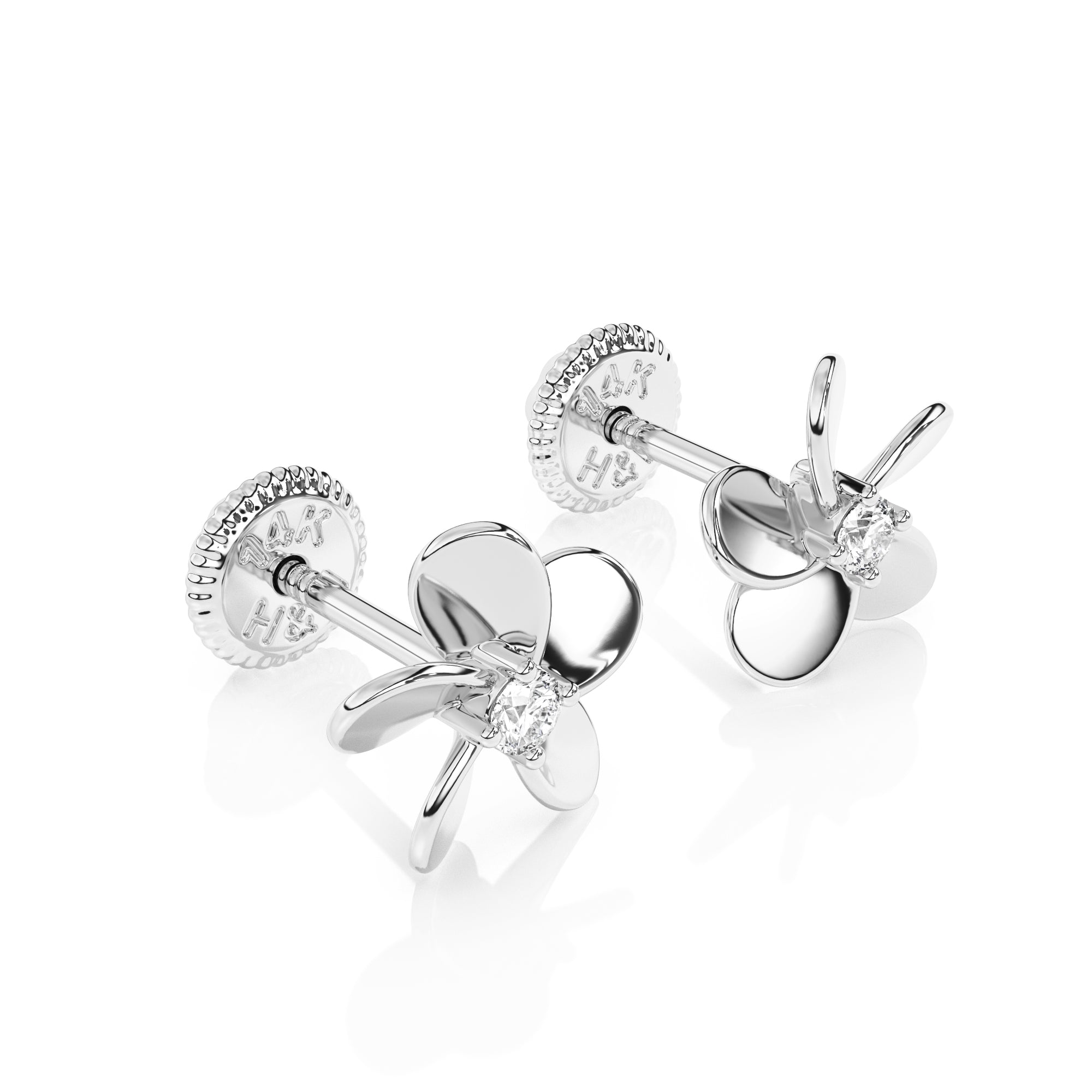 Pendientes de botón con circonitas cúbicas transparentes "Flor Eterna" - Oro blanco macizo de 14 quilates, cierre de rosca, para bebés y niños