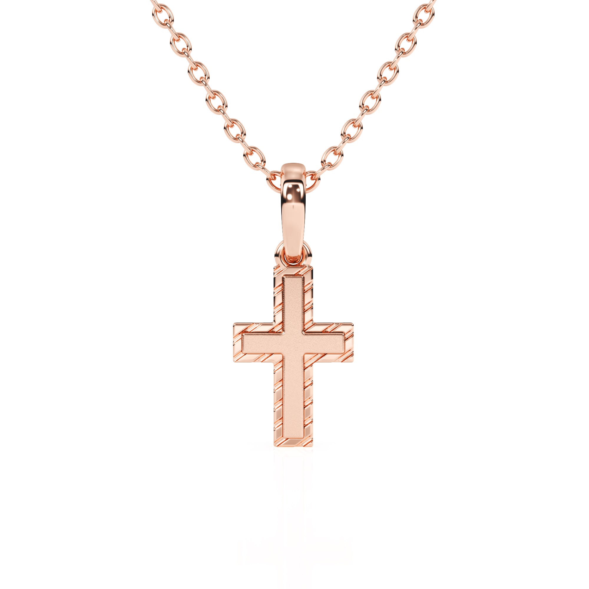 Rose gold cross necklace on a white background.