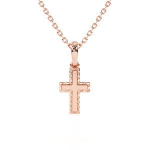 Rose gold cross necklace on a white background.