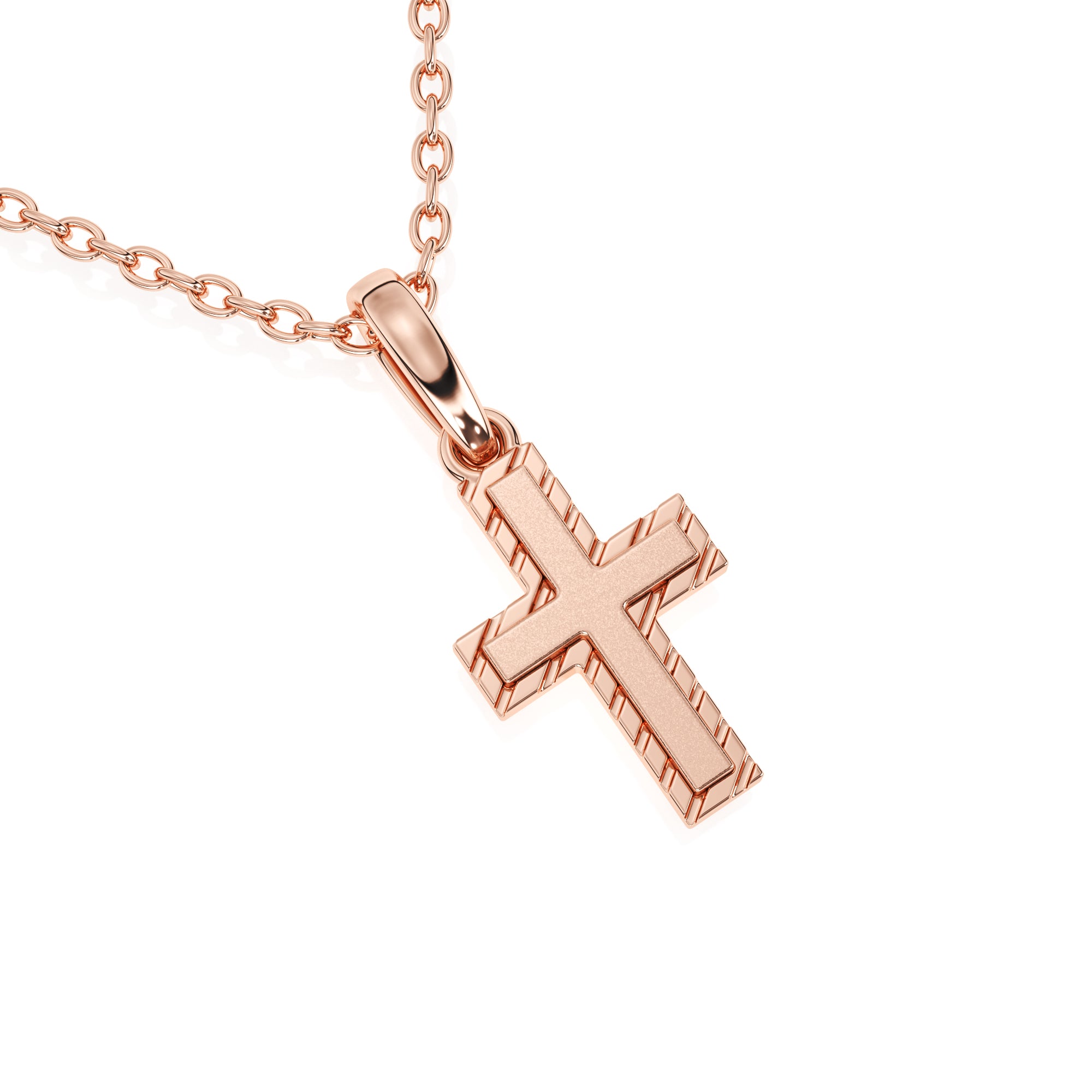 Rose gold cross necklace on a white background.