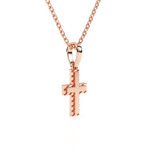 Rose gold cross necklace on a white background.