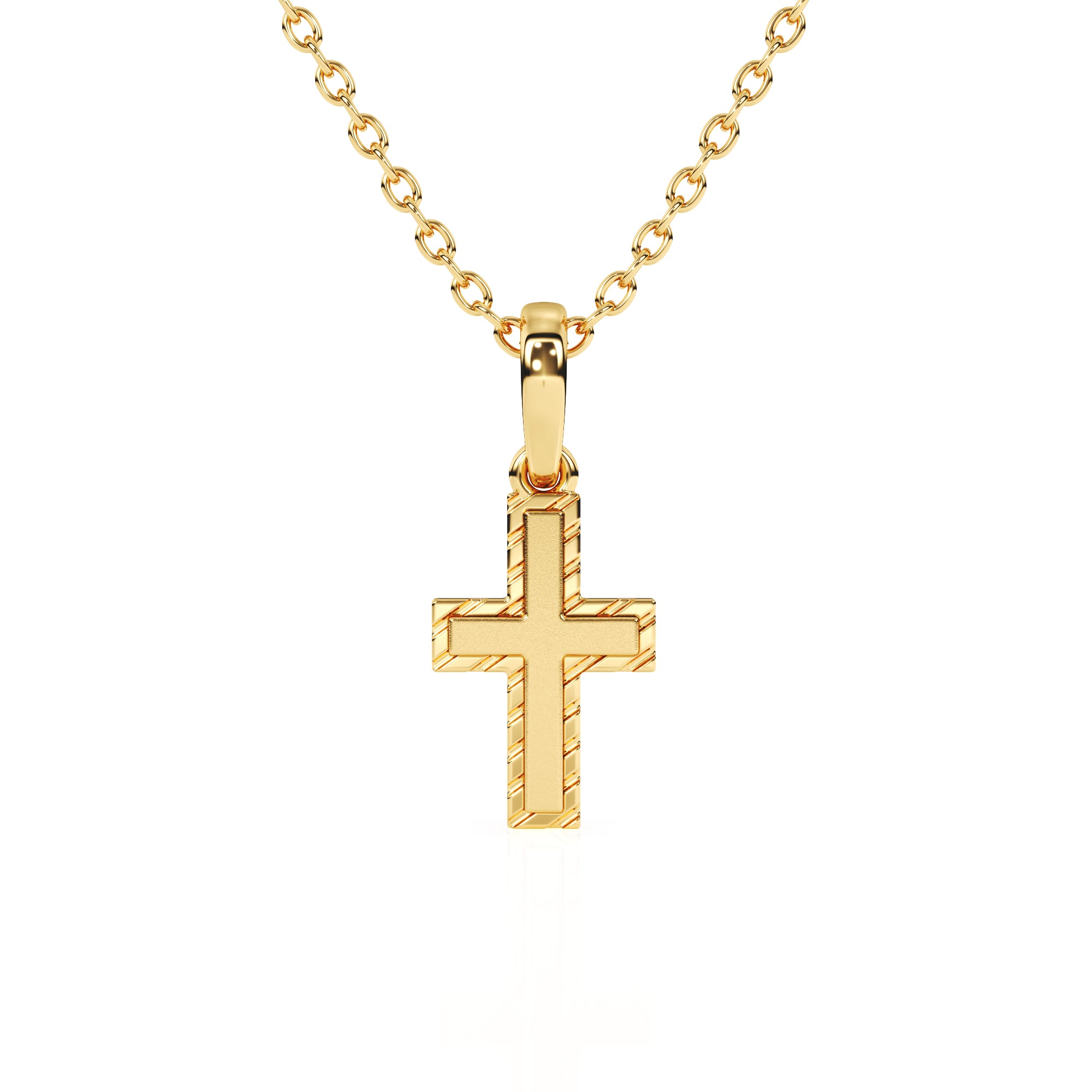 Yellow gold cross necklace on white background.