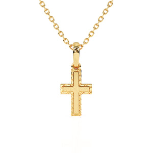 Yellow gold cross necklace on white background.