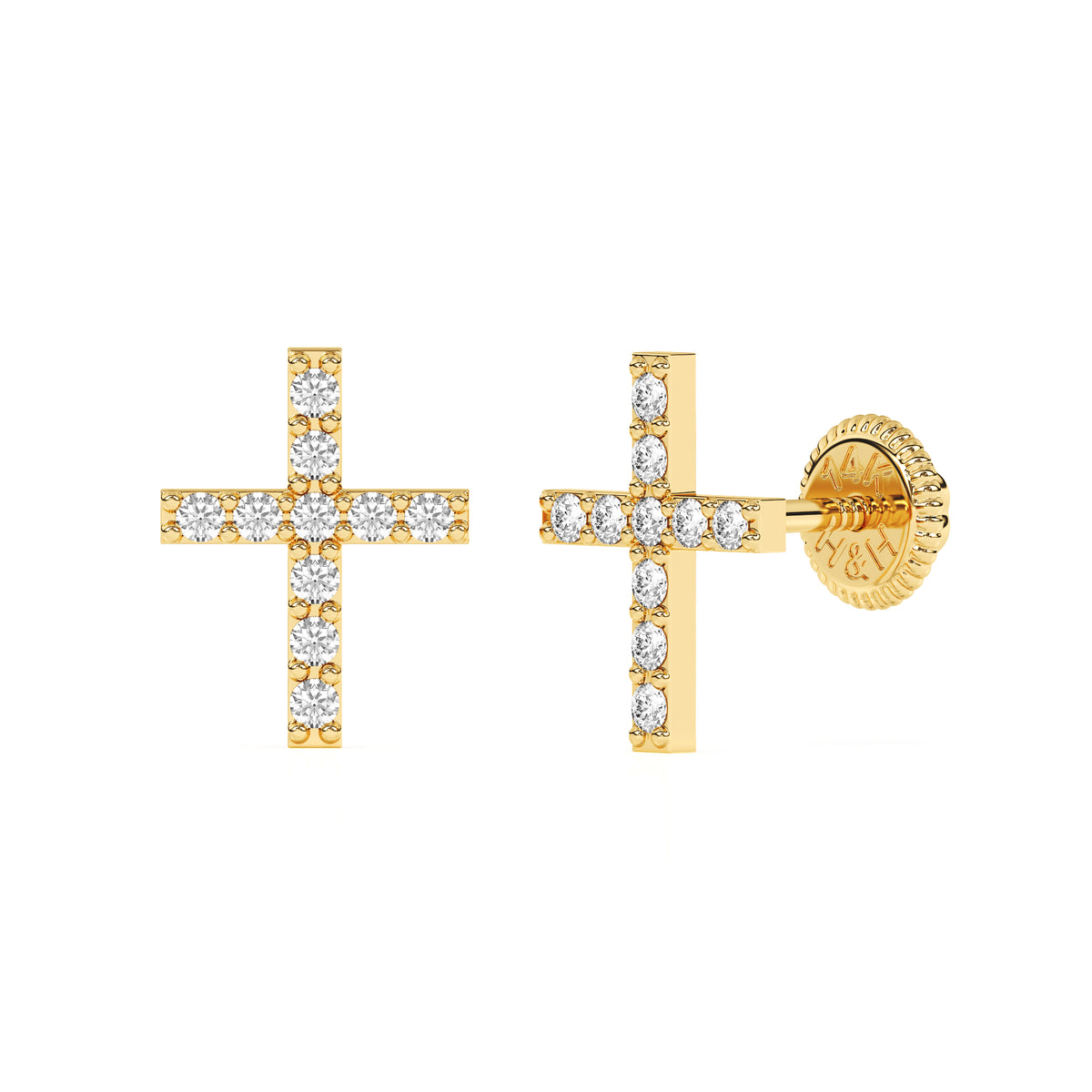 Front view of Faithful Cross clear pavé CZ stud earrings in solid 14K yellow gold with screw-back posts.