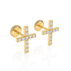 Front top-down view of Faithful Cross clear pavé CZ stud earrings in solid 14K yellow gold with screw-back posts.