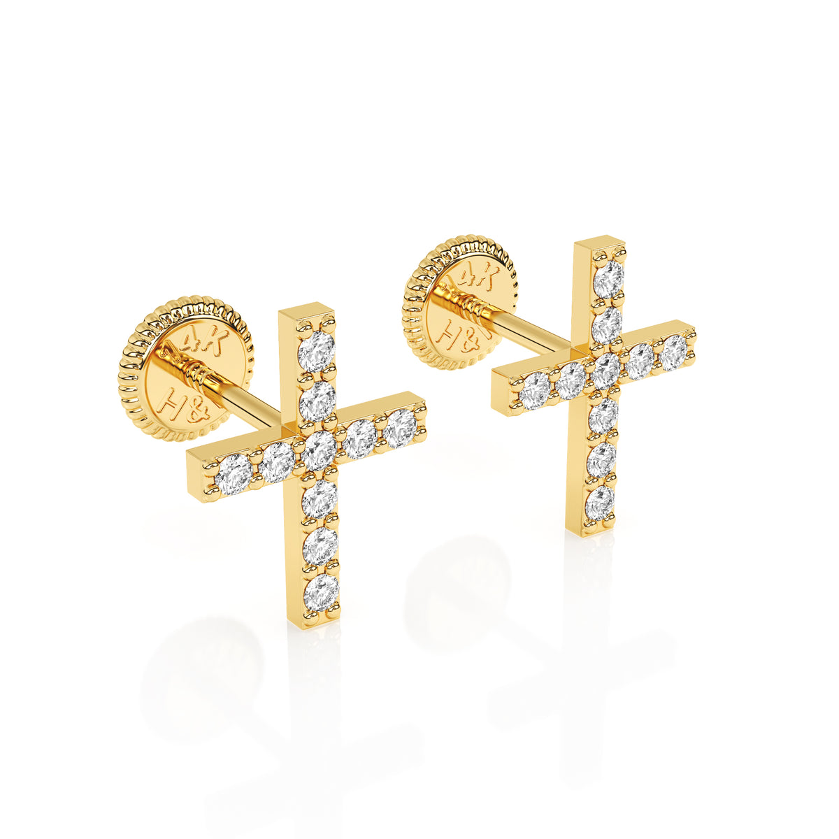 Front top-down view of Faithful Cross clear pavé CZ stud earrings in solid 14K yellow gold with screw-back posts.